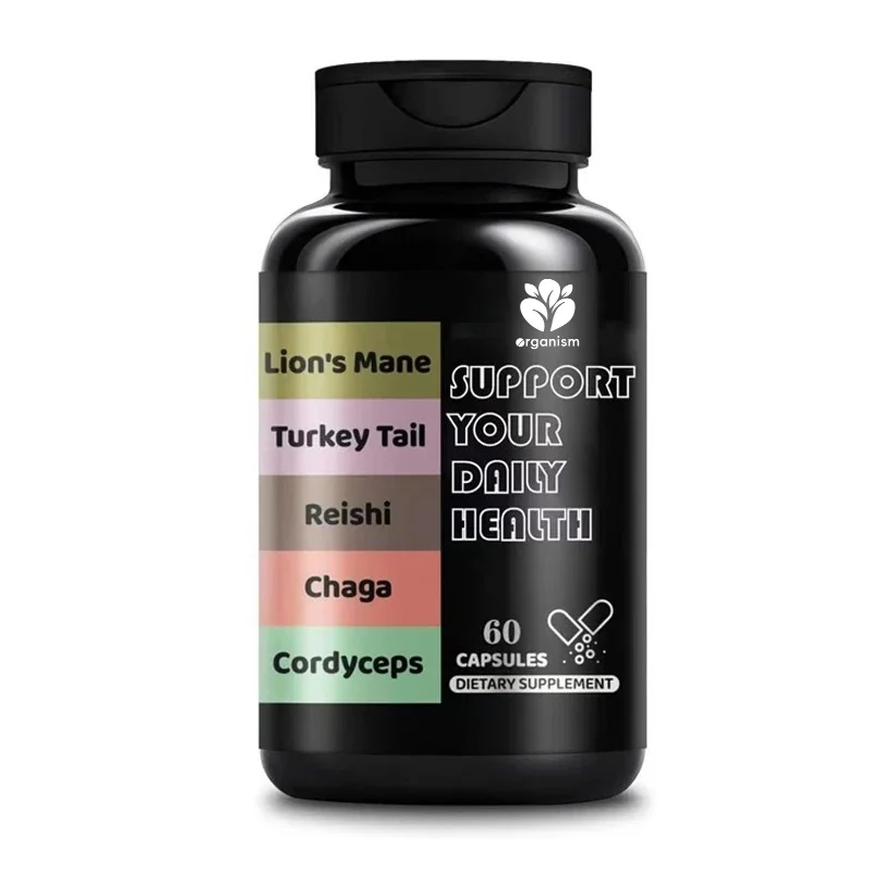 Lion Mane Mushroom Capsules Turkey Tail Lingzhi Chaga Cordyceps Supplement -60 capsules