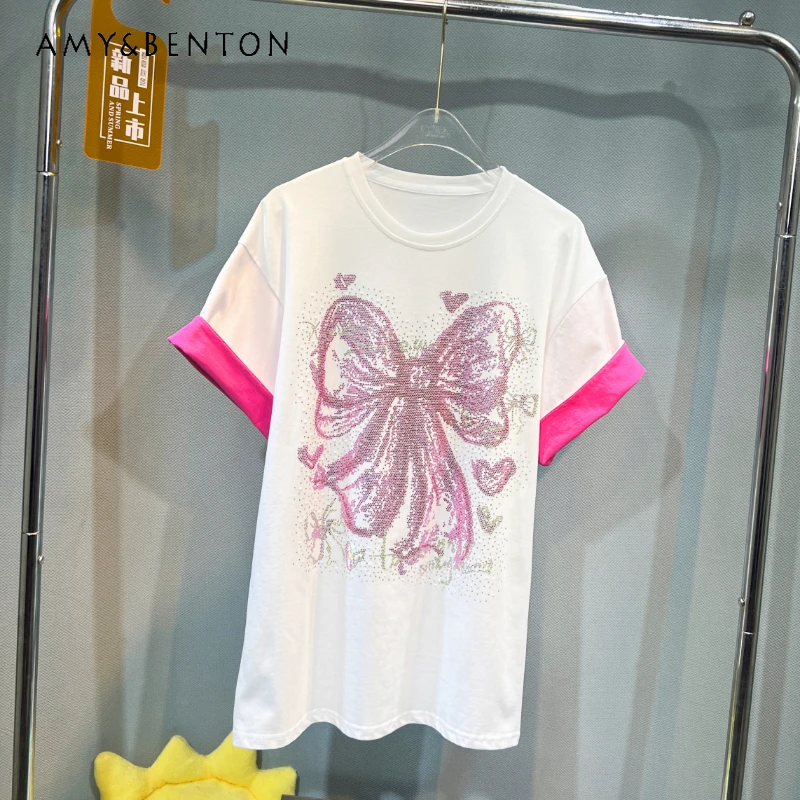 

Heavy Embroidery Diamond Drills T-shirt Women's Summer Fashion Bow Loose Contrast Color Short Sleeved Mid-Length Slimming Tees
