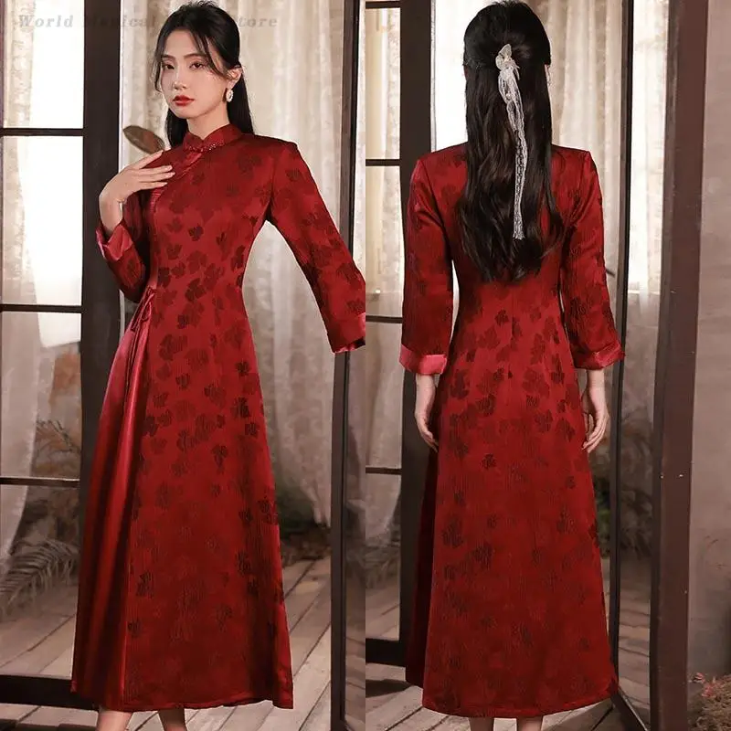 

Винтажное жаккардовое платье Ципао, традиционное платье с воротником-стойкой для свадебной вечеринки, восточное платье Ao Dai Cheongsam, большой размер 3XL, Vestidos