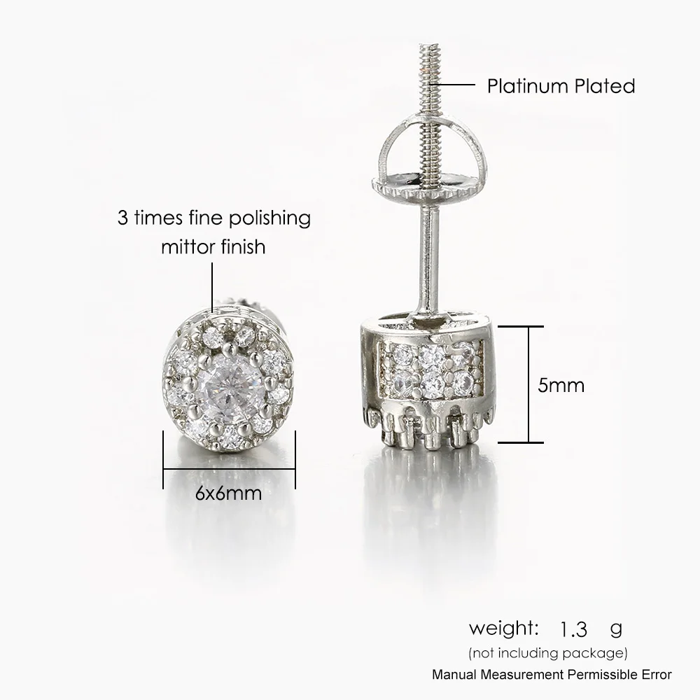 Hip Hop  Screw Stud Earrings For Women Punk Style Iced Out Bling Cubic Zirconia Gold Color Ear Piercing Female Male Gifts OHE174