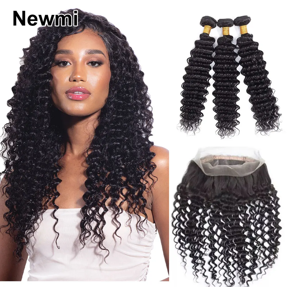 Deep Wave Bundles Human Hair With 360 Lace Frontal Newmi Deep Wave 3 Bundles with 360 Lace Closure Pre Plucked Hair Extensions