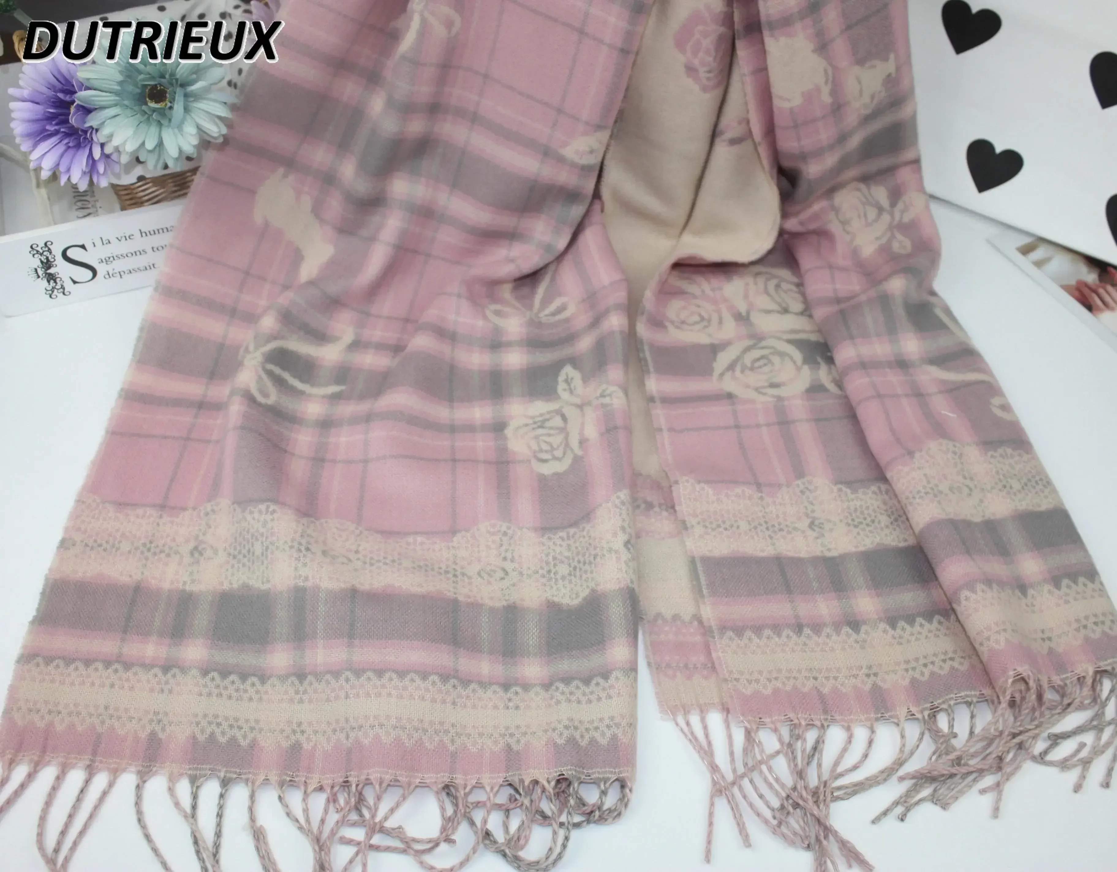 Lenço japonês novo xadrez jacquard bonito coelho arco novo inverno feminino quente dupla face cashmere xale lolita cachecol para gilrs