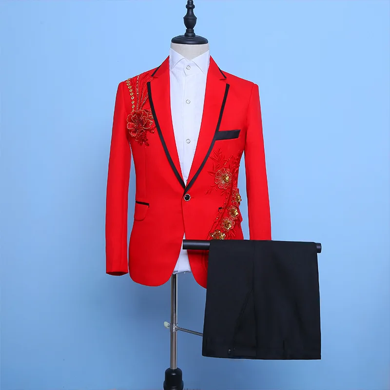 Traje blanco bordado con diamantes para hombre, trajes de esmoquin para novio de boda, traje de escenario para graduación con cuello levantado, trajes para hombre con pantalones Ternos