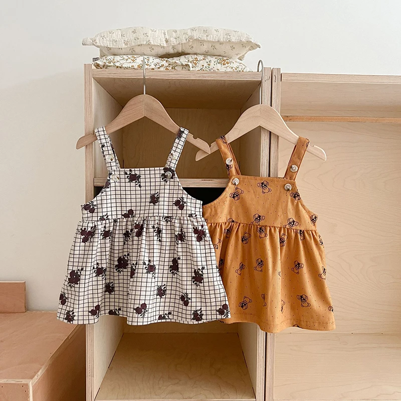 

New Summer Baby Braces Dress Infant Checkered Flower Cute Dress Toddler Girls Tops