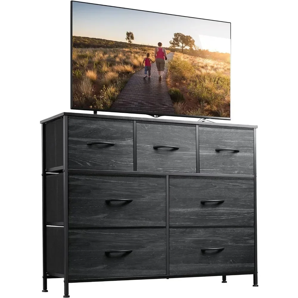 ##For Dresser TV Stand, Entertainment Center with Fabric Drawers, Media Console Table with Metal Frame and Wood Top&