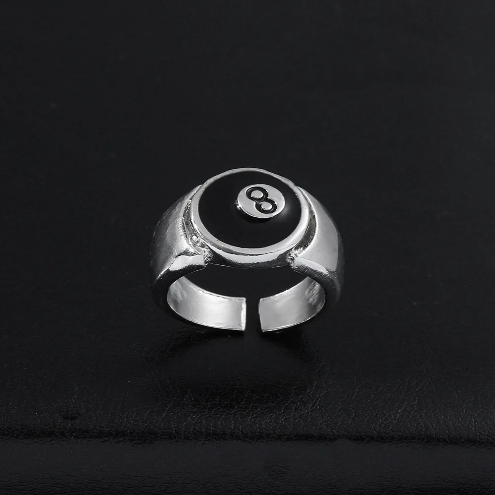 Punk Style Billiard Number Black 8 Opening Adjustable Rings Metal Alloy Rings Fashion Hip Hop Rock Jewelry For Women And Men