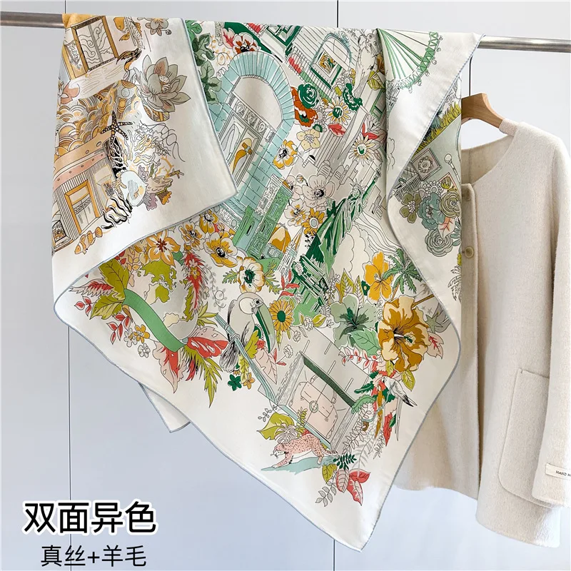 Roof Garden Light Luxury Versatile Silk Wool Square Scarf Double Sided Color Fashion Shawl Silk Hair Scarf