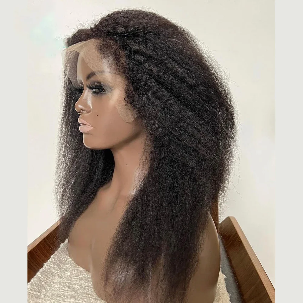 Natural Black 28 “Long Soft Yaki Kinky Straight Hair Lace Wig For Women Natural Hairline Kinky Straight  Wig With Afro Baby Hair