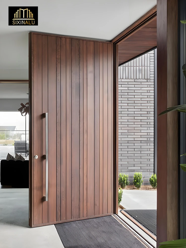 أبواب الدخول المحورية Sixinalu الخشب الحبوب الرئيسية الجبهة الخارجية باب المدخل بوابة بابية باب أمان الألومنيوم ديكور المنزل مخصص