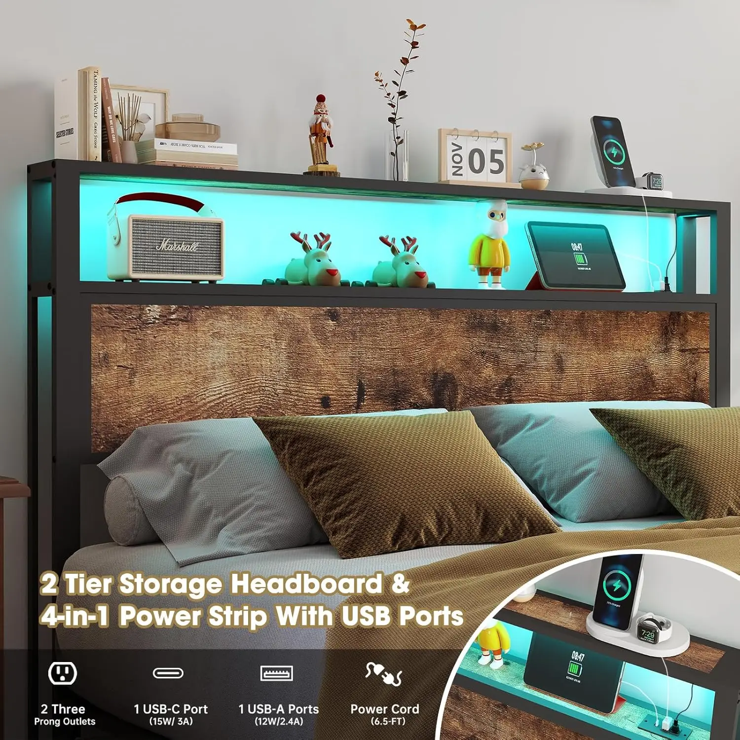 Full Size Bed Frame with Headboard, Metal Platform Bed Frame with LED Lights & Charging Station, Under Bed Storage, Solid and St