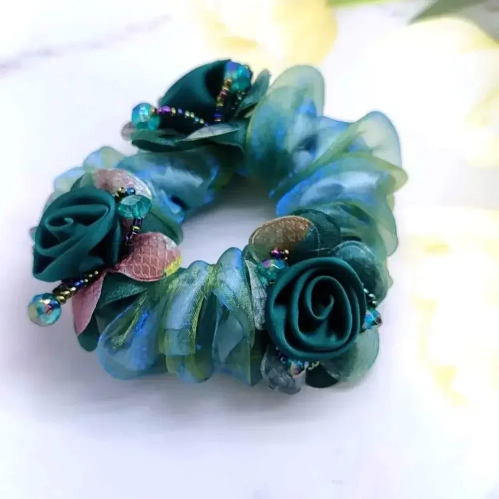 3 Flowers Silk Yarn Hair Bands Mother Head Flower High Elastic Rubber Band Ponytail Bun Updo Hair Large Intestine Ring   곱창밴드