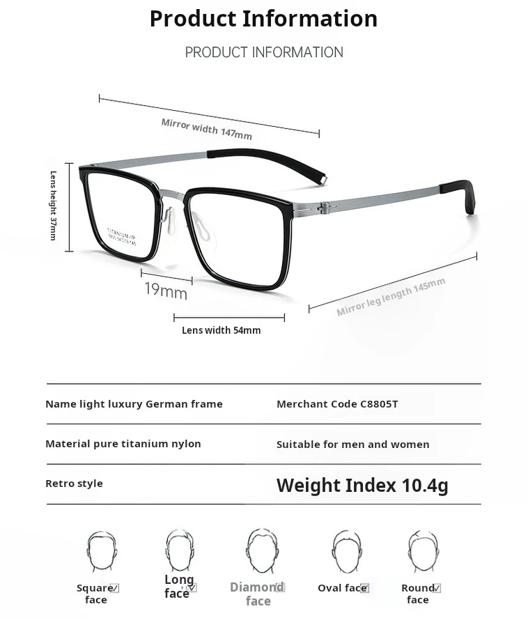 TFTB Comfortable Men's Titanium Alloy Glasses Frame Ultra Light Fashion Big Size Business Optical Prescription Eyeglasses 147mm