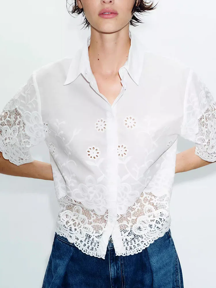 New Summer Women's Shirt Embroidered Hollow out Short Sleeve Turn-down Collar Versatile Simple Design Party Wear 2026