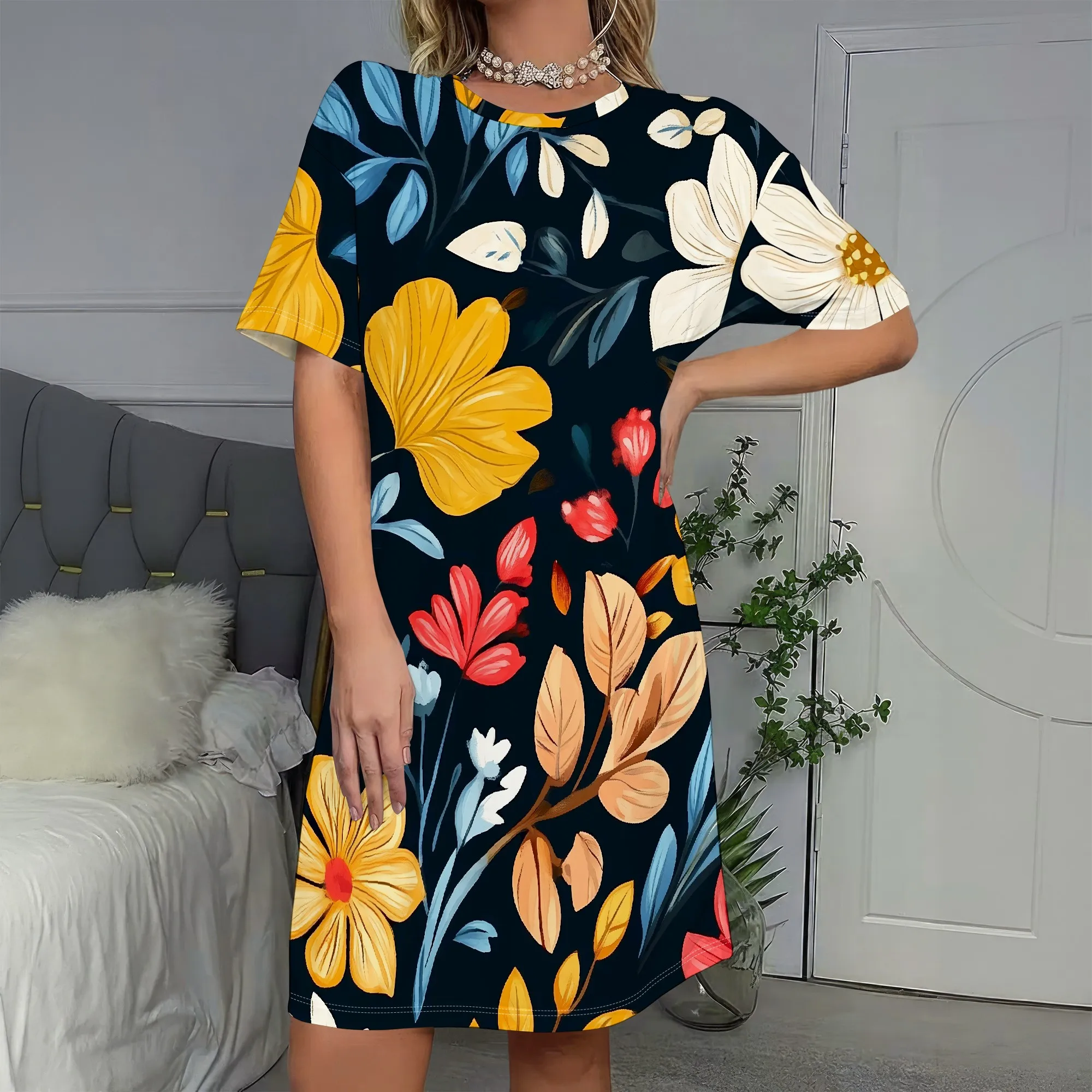 

Floral Print, Short Sleeve Dress, Vibrant Flowers, Navy Background, Summer Casual Wear, Women's Fashion, S-2XL