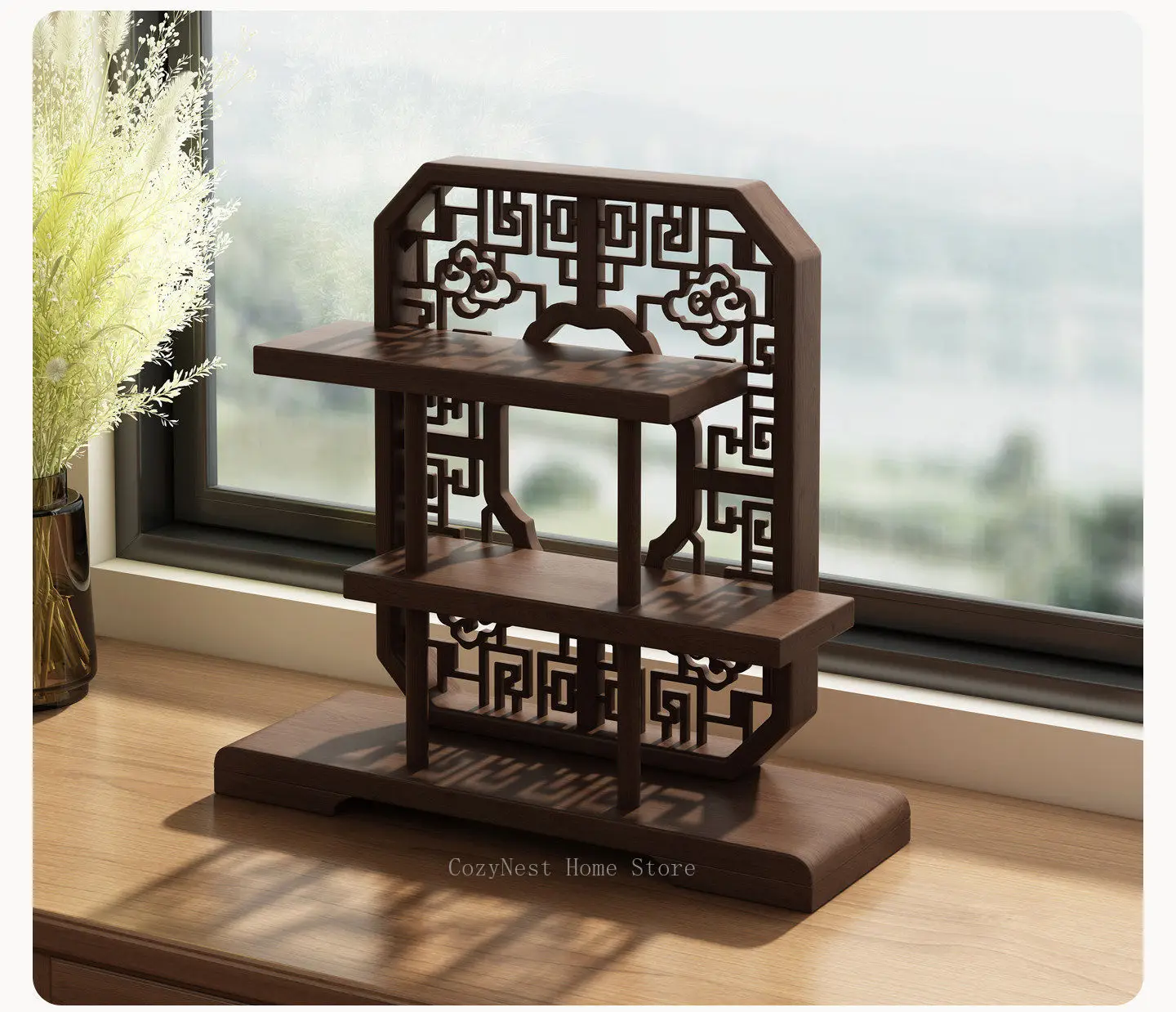 Wooden Tea Ware Display Stand, Tabletop Storage Rack for Teapot & Cup, Purple Clay Pot Holder Shelf