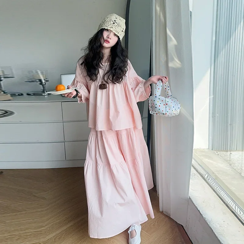 

Korean Children Clothing 2025 Summer New Girls Set Solid Short Sleeved Shirt Skirts Two-piece Set Cotton