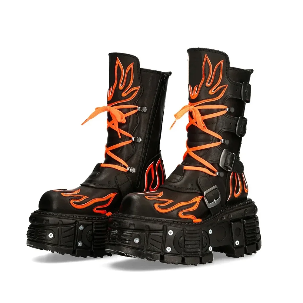

Fashion Motorcycle Boots Wedges Platform Shoes Retro Punk Gothic Mid-Calf Boots for Women Black Fire-Like Lady Knight Boots Sexy