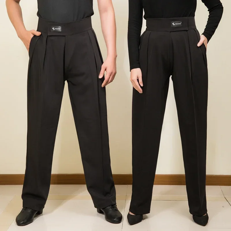 Pantalones de baile latino para hombres y mujeres, ropa de baile de salón para adultos, competición de baile, cintura alta, negro, Cha, Salsa, vals