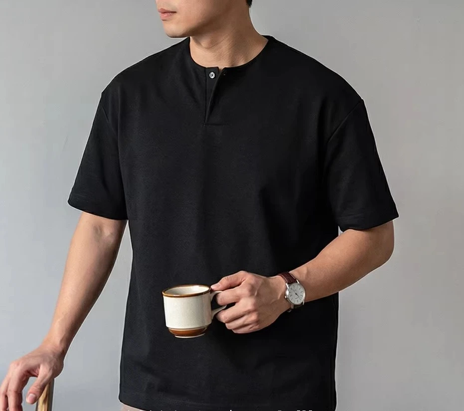 Short Sleeve T-Shirt Men's Henry Collar 180g Open Twill Cotton 2026 Summer New Half Sleeve