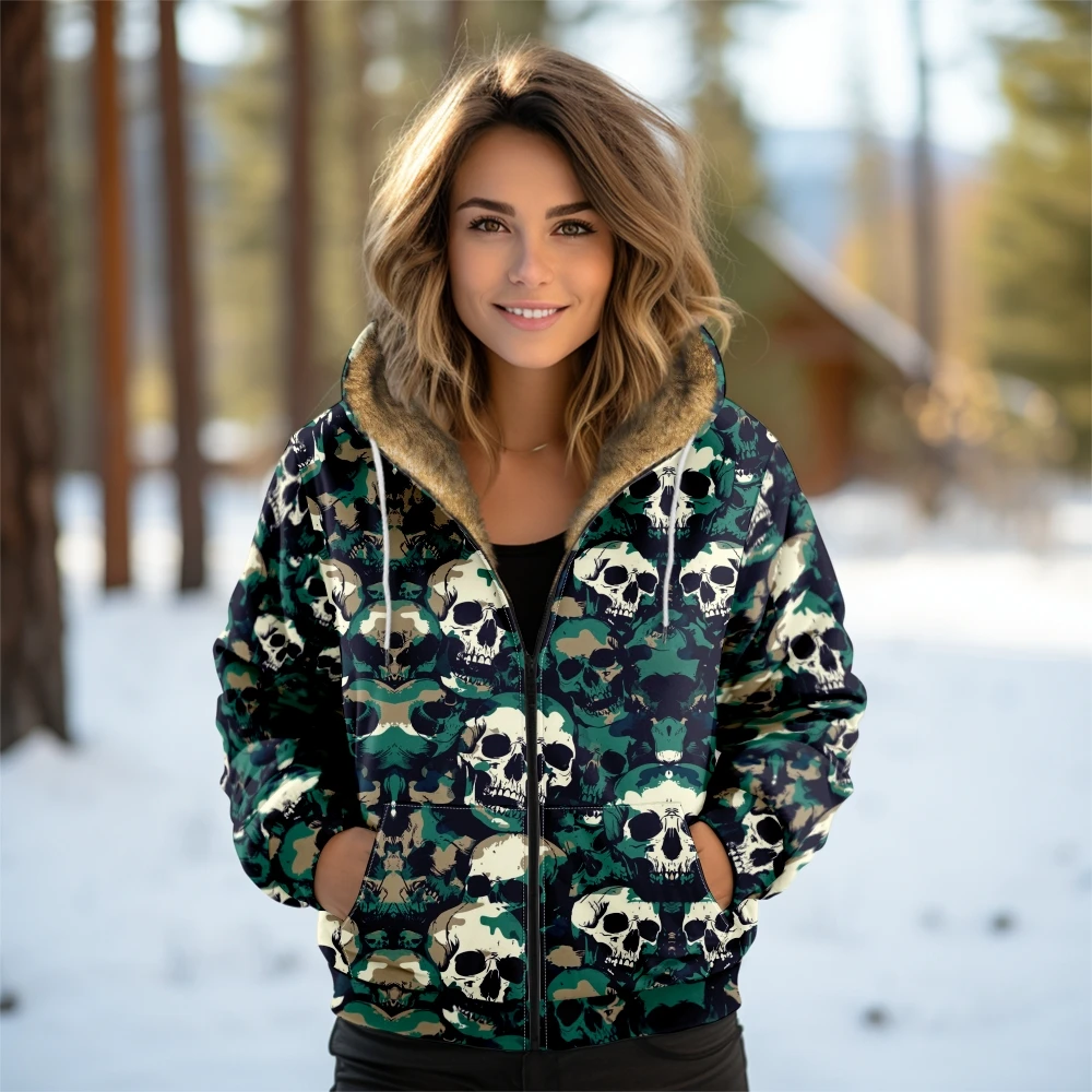 Y2k gótico feminino hoodie coração crânio impressão preto zip up jaqueta inverno quente velo forrado casaco bonito moda fuzileiro streetwear