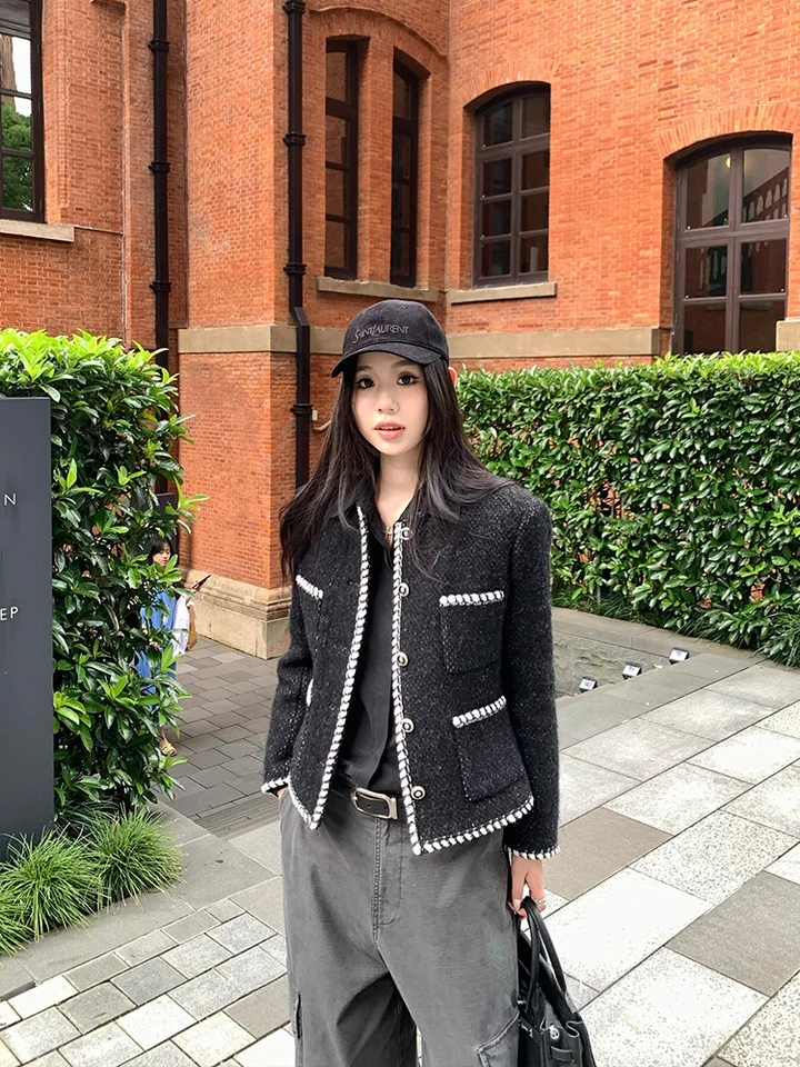 Xzichic Color Block Woolen Coat Women's Jene Tweed Top Autumn