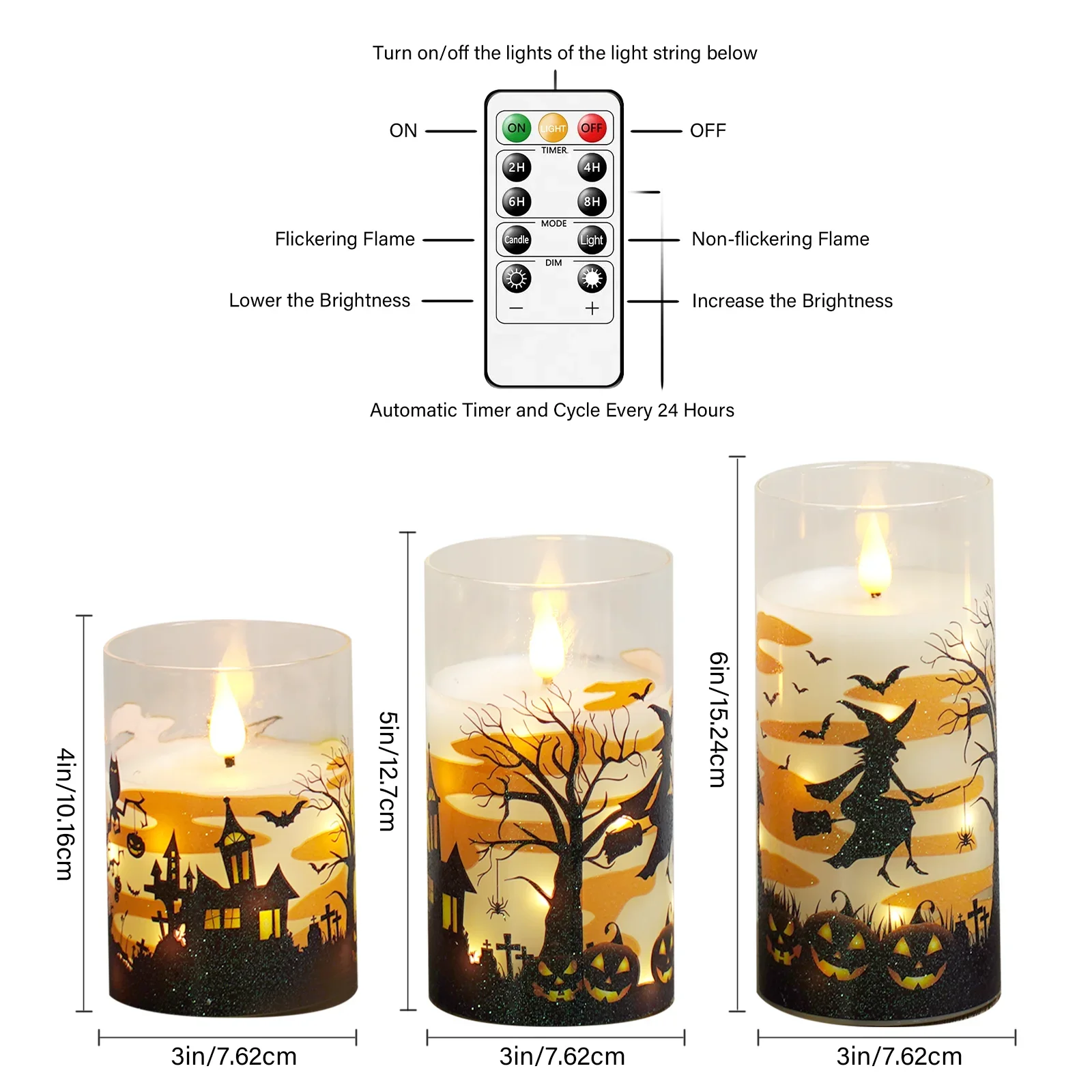 Halloween Led Flameless Candles Glass Paraffin Wax Flickering Remote Timer Built-in Fairy Light Battery Halloween Print Gift