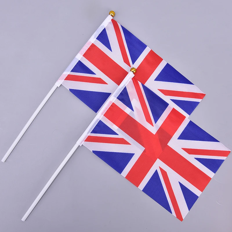 10Pcs 21*14cm England National Flag UK Flying Flag Britain United Kingdom Banner With Plastic Flagpoles Hand Waving Flags