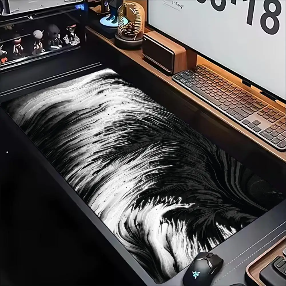 Ink Wash Wave Texture Large Extended Mouse Pad Non-Slip Rubber Stitched Edges Print Desk Mat for Gaming Setup Office Desk