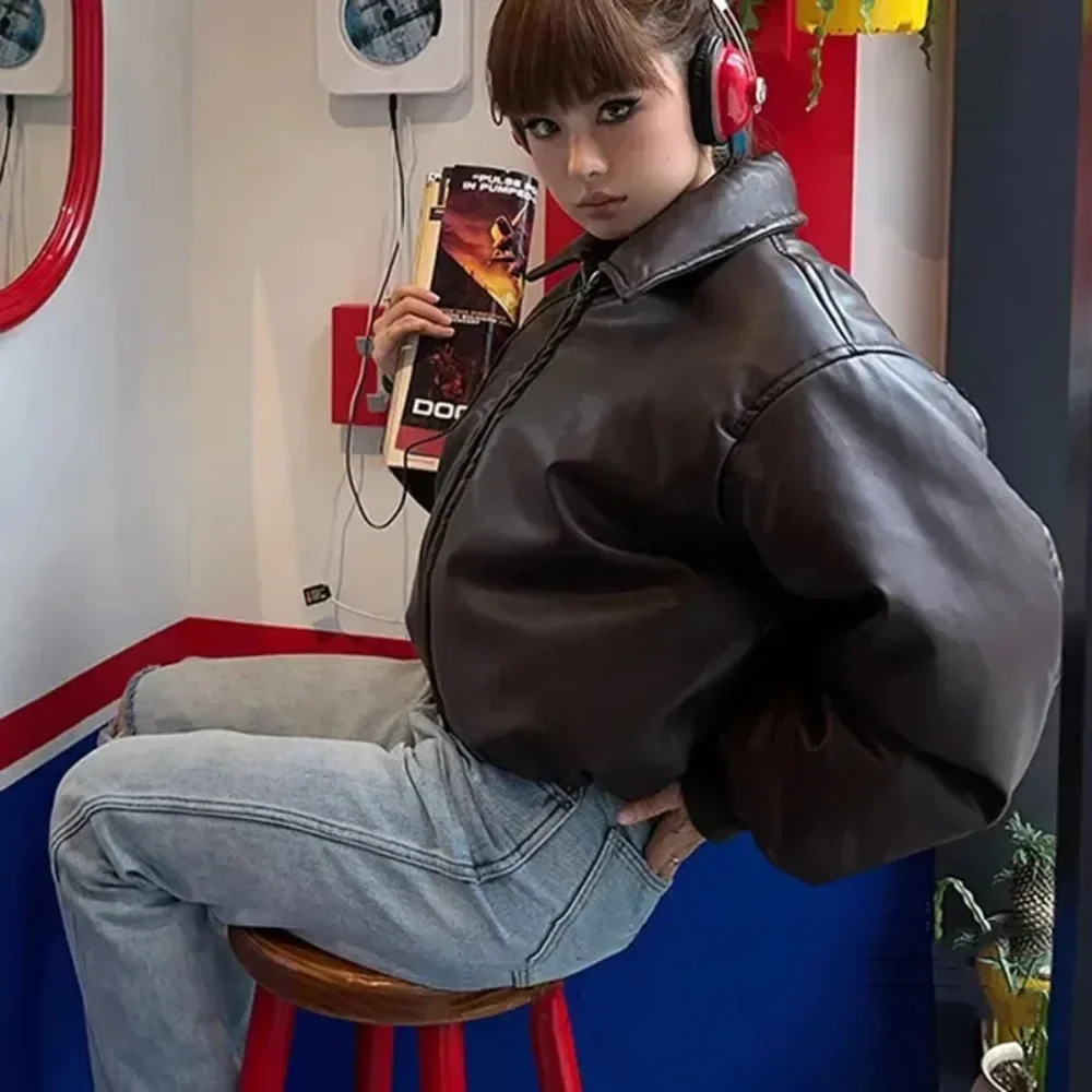 2025 nieuwe herfst winter kunstleer jas voor vrouwen streetwear vrije tijd effen kleur korte bommenwerper vrouwen jas warm