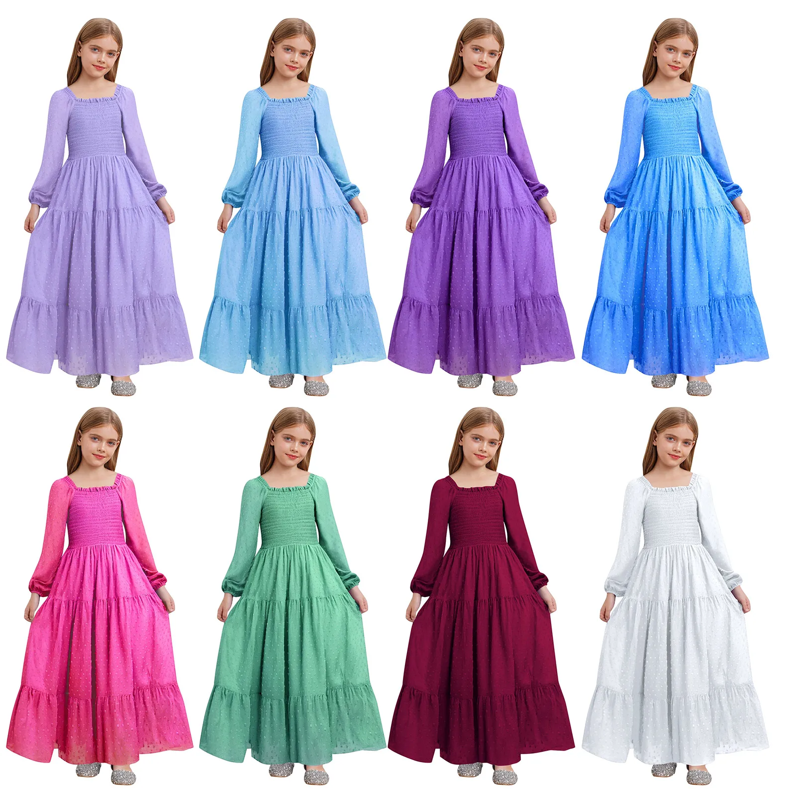 Vestido de gasa para niñas con dobladillo escalonado, cuello cuadrado con volantes, manga larga, vestidos con cinturón ahumado para vacaciones en la playa, fiesta de cumpleaños