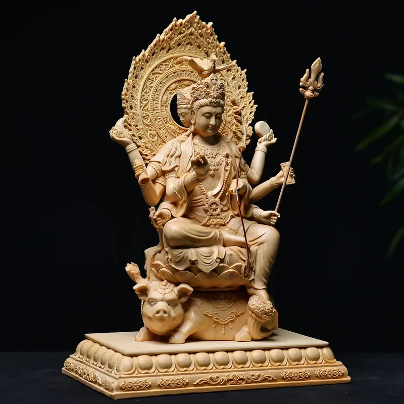 Hand Carved Doumu Yuanjun Statue Three Sided Goddess Figure Big Dipper Mother Deity Ornament for Home Temple Altar Worship
