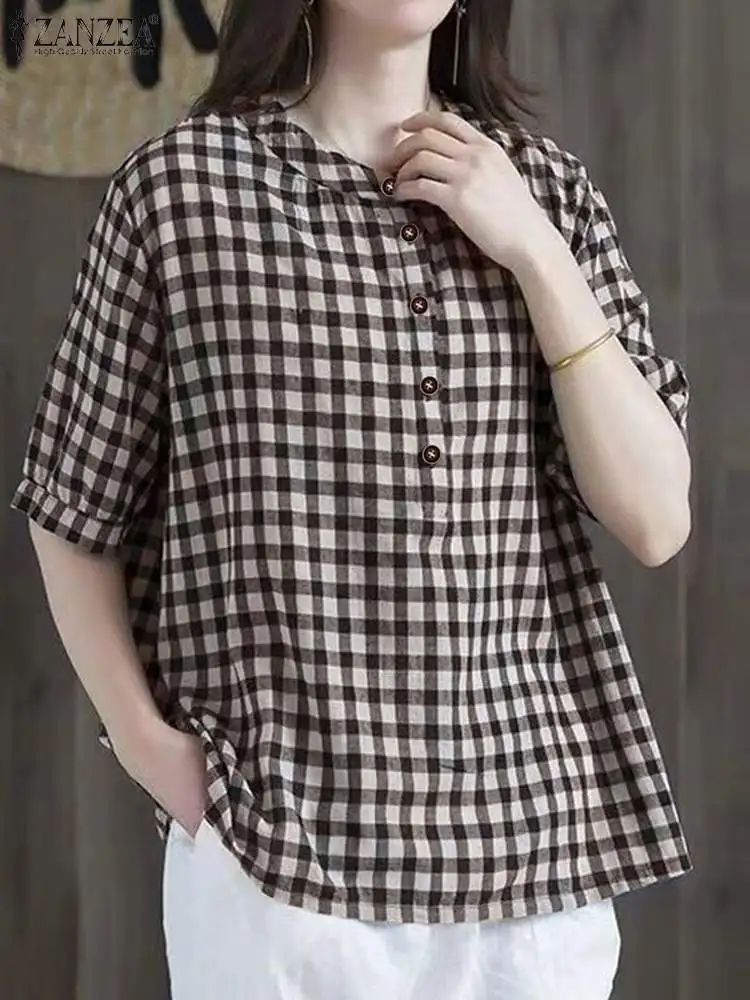 Vintage Women Half Sleeve Plaid Checked Blouse ZANZEA 2024 Summer Casual Loose Shirt Fashion Holiday Tops Tunic Retro Blusas