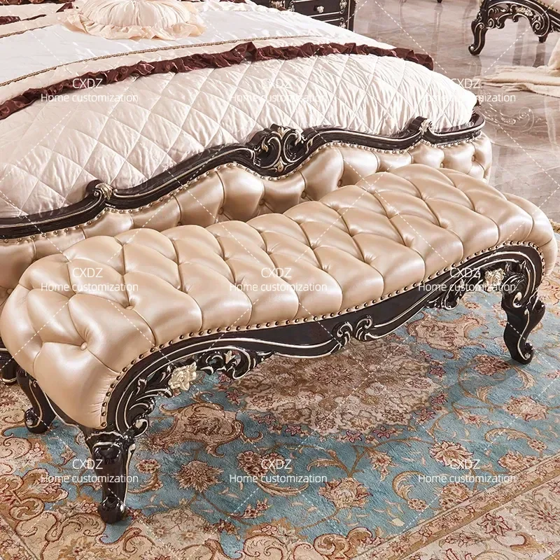 European solid wood leather bedside stool, bedroom bedside long pedals, light luxury ebony sofa side bench shoe changing