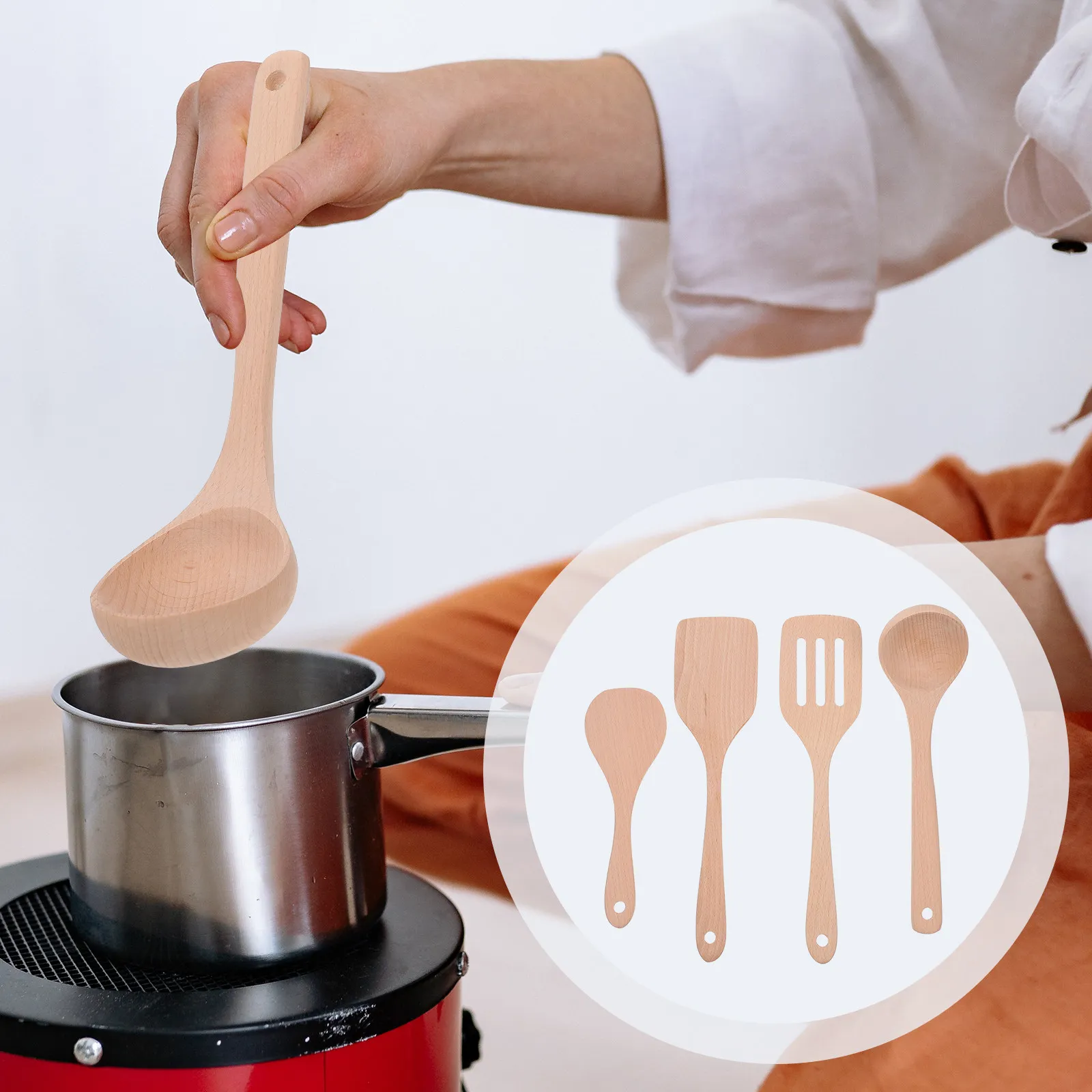 

1Set Wood Kitchen Utensils Kit Sturdy Eco Friendly Natural Wood Spatula Spoon Rice Spoon Soup Ladle Comfort Grip Cooking Gadgets