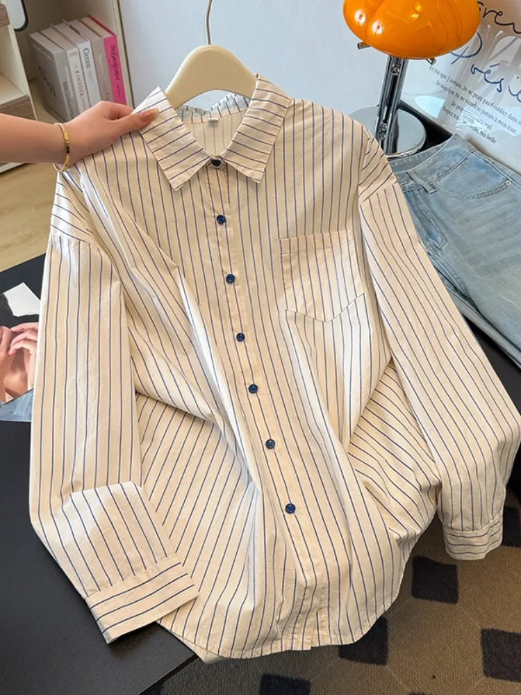 

Повседневная свободная женская рубашка с длинным рукавом, вышивкой и полосками, весенняя, с мультяшным дизайном, в стиле кардигана, из хлопка, с эффектом омоложения