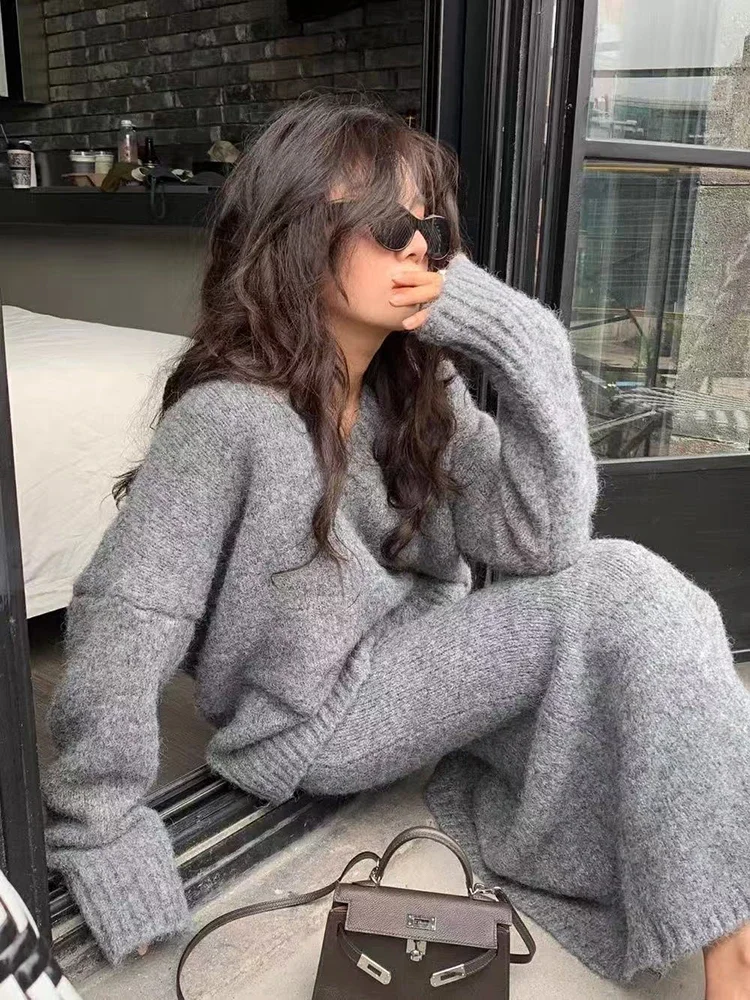 Para as mulheres inverno vintage decote em v solto quente pulôver coreano cintura alta midi saias conjunto de camisola de malha saias 2 peça conjunto