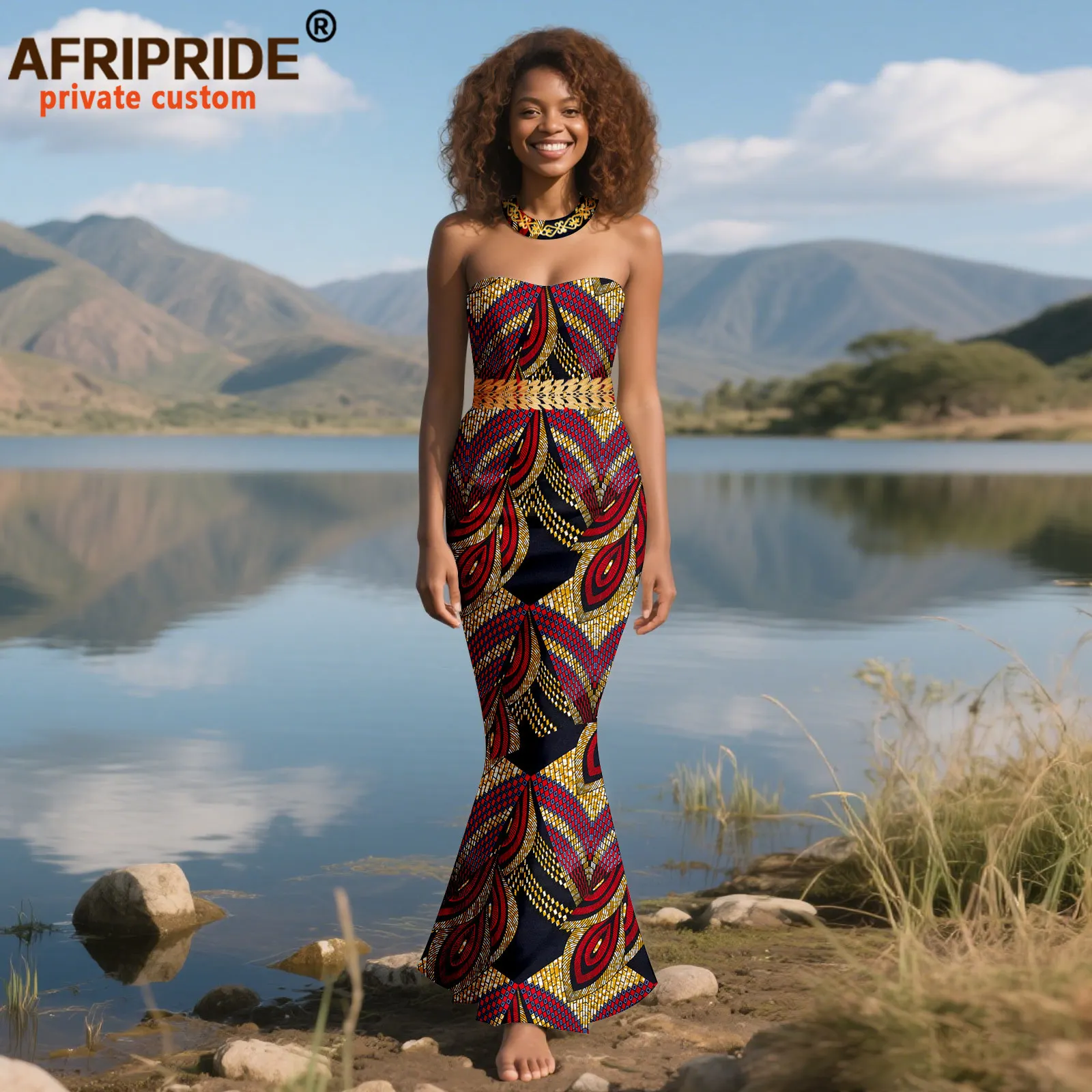 African Dresses for Women Short Sleeve High Waist Embroidery Print Midi Dress Ankara Attire with Match Color Neckless 2525093