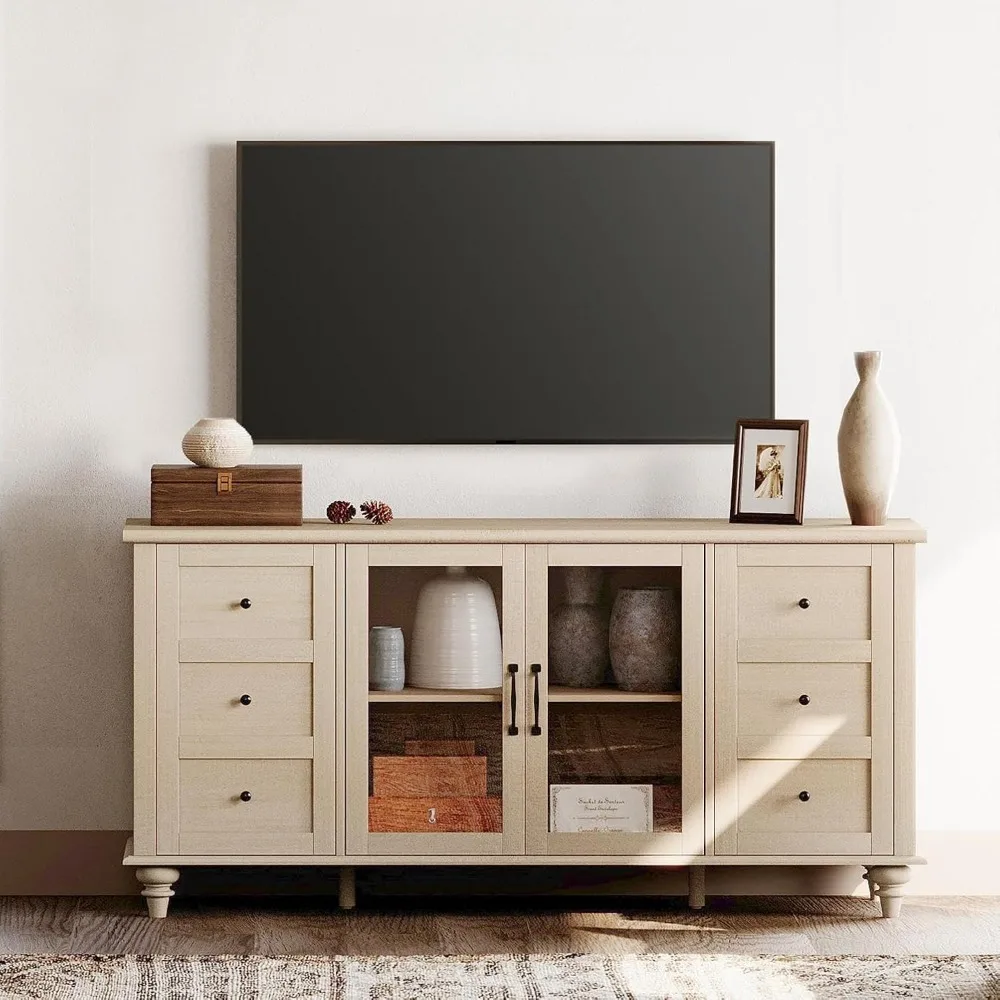 

Glass Door Farmhouse TV Stand for TVs Up to 75 inch, Wood Universal TV Console Table with 4 Storage - Rustic Entertainment Cente
