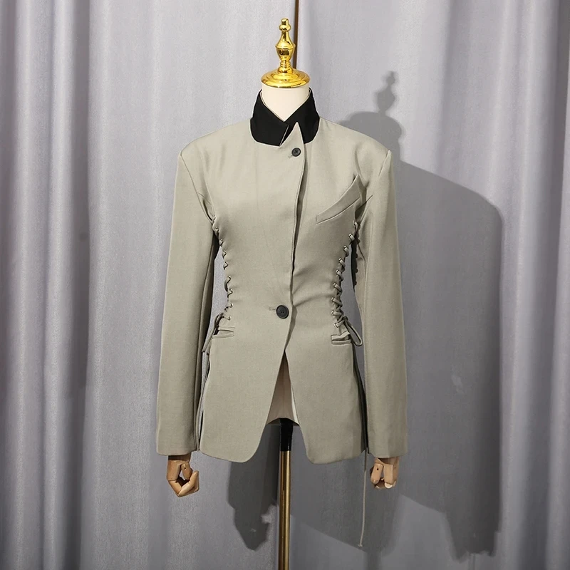 VGH elegante chaqueta de diseñador con cordones laterales para mujer, cuello con muescas, manga larga, retazos, un solo botón, chaquetas de calle adelgazantes