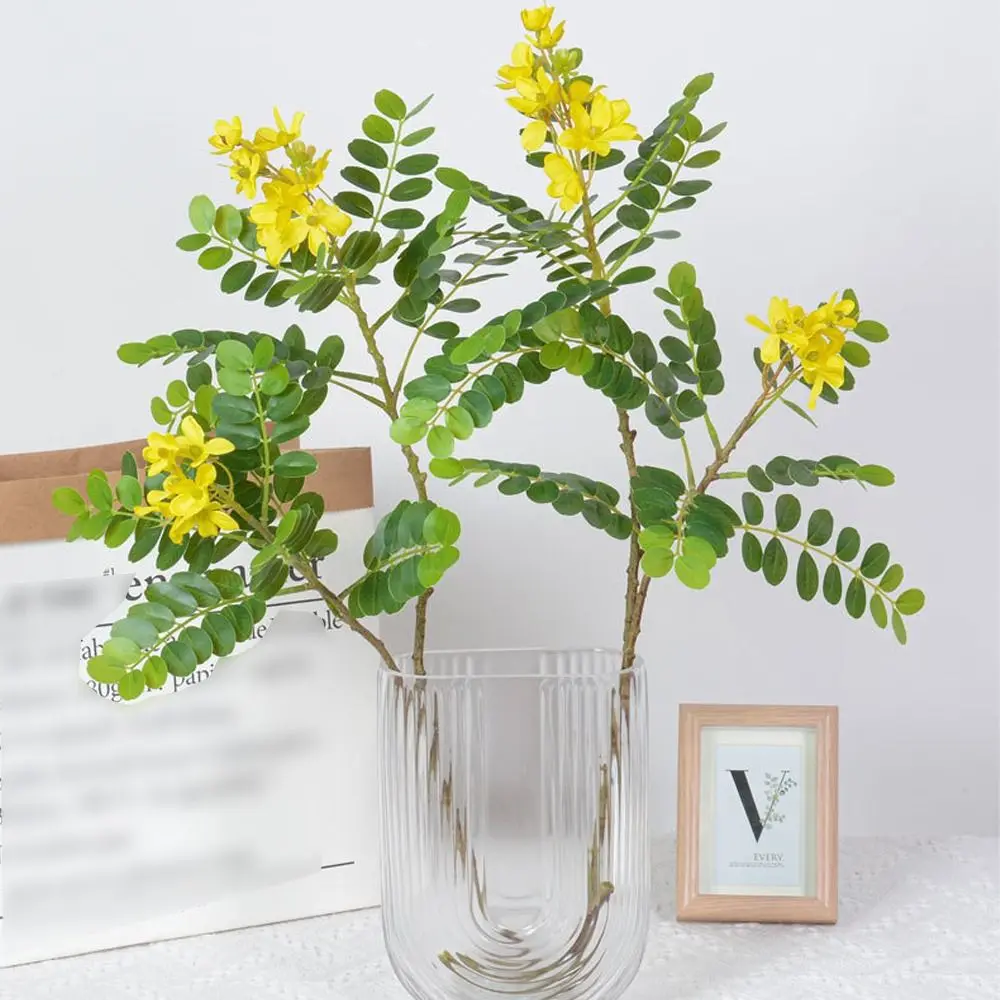 Plastic Artificial Locust Tree Branch Handmade Elegant Simulated Yellow Locust Flowers with Green Leaves Realistic Fake Flowers