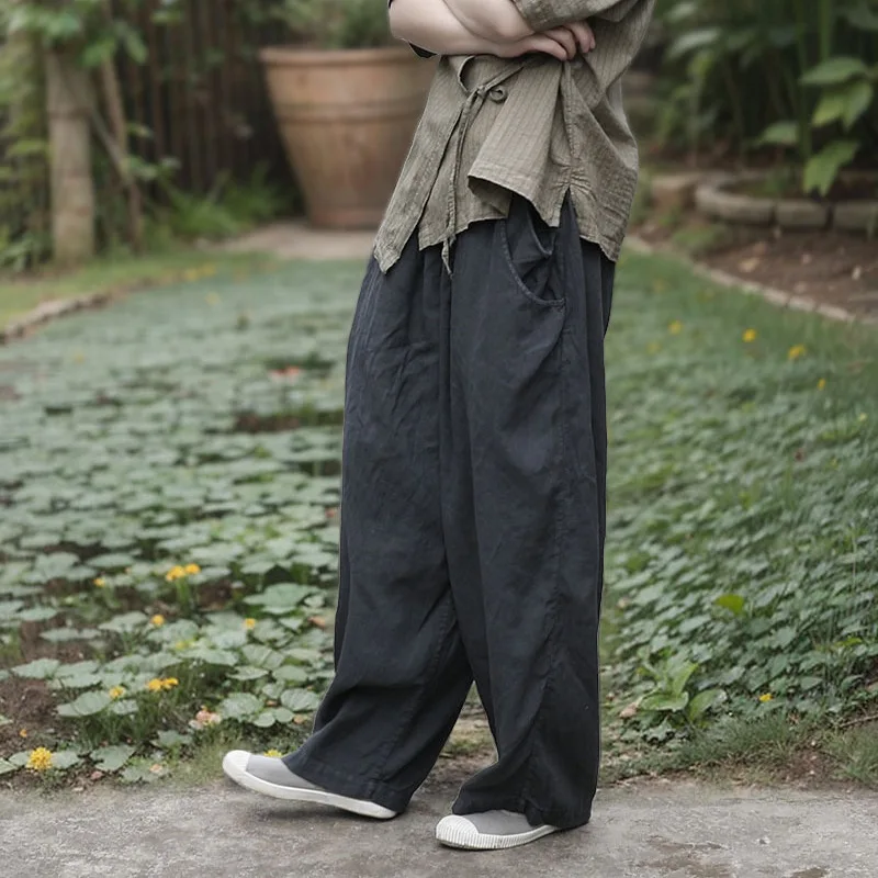 UMI MAO pantalon Femme printemps automne saison texturé coupe ample artistique lavé coton lin jambe large pantalons décontractés