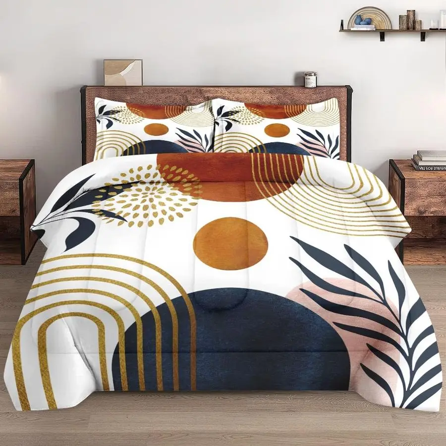 

Size Comforter Set with 2 Pillowcases, Mid Century 3 Pcs Bedding for Adults, Sun Boho Geometric Leaf Soft Comforter Set for Bedr