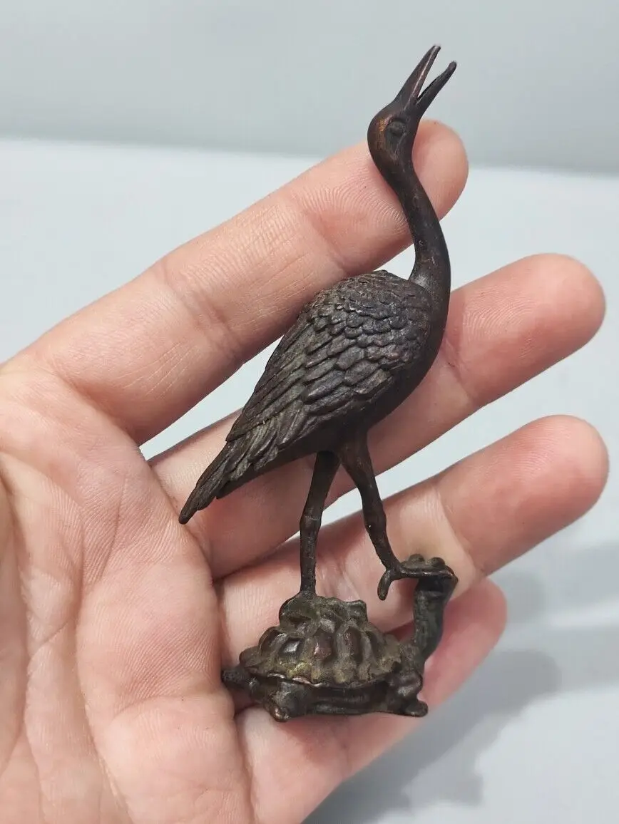 Chinese Old Antique Bronze Red-Crowned Crane Turtle Statue Netsuke