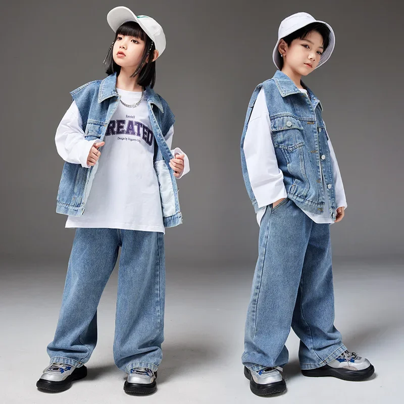 Kids Hip Hop Clothes Sets Denim Waistcoat + Letter T-shirt + Jeans Teen Boys Street Dance Costumes Girls Jazz Performance Suit