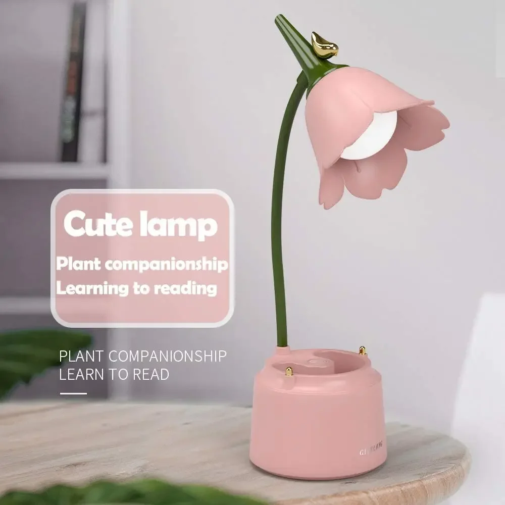 Cute Desk Lamp Rechargeable LED Night Light Table Lamp for Bedroom Flowers Reading Light with Pen Holder 3 Color Modes & Dimming