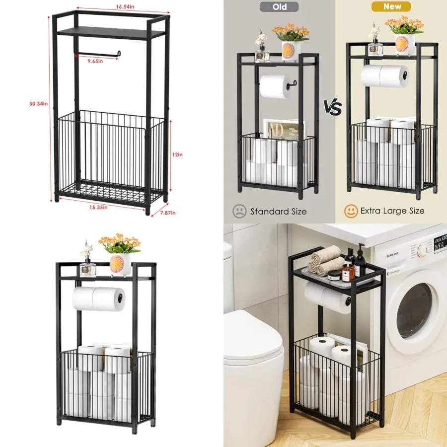 

Freestanding Toilet Paper Holder with Storage Shelf - r Size Bathroom Tissue Stand with Space for Multiple Rolls, Phone, Wipes,