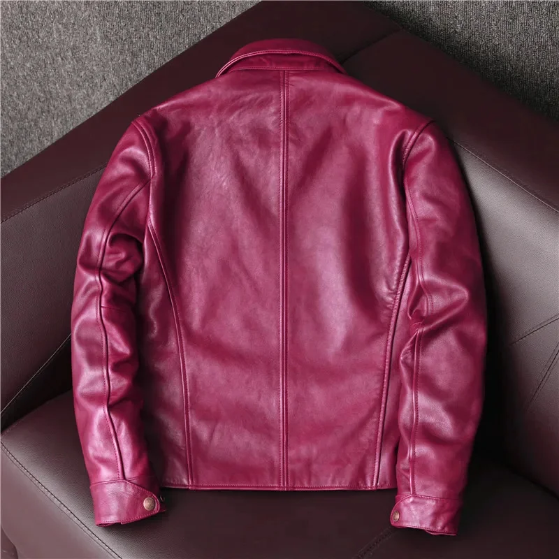 Tienda Best. Chaqueta de cuero genuino estilo frenillo informal clásico. Abrigo rojo vino de piel de oveja curtida. Tela central de té de calidad