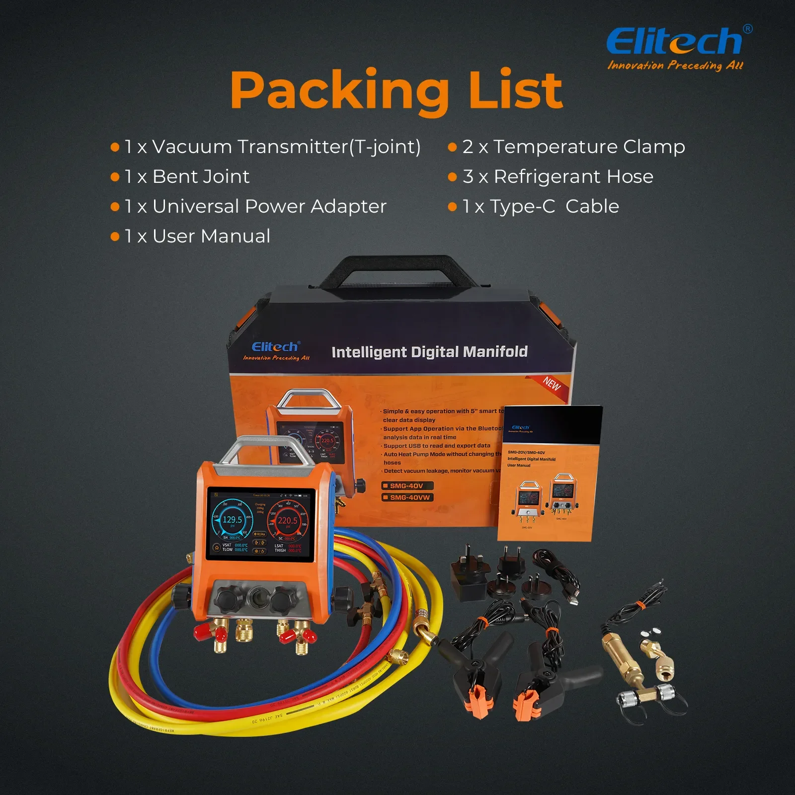 Elitech EMG-40V Inteligentny 4-zaworowy zestaw kolektora cyfrowego z 5-calowym inteligentnym ekranem dotykowym Wskaźnik HVAC z Bluetooth