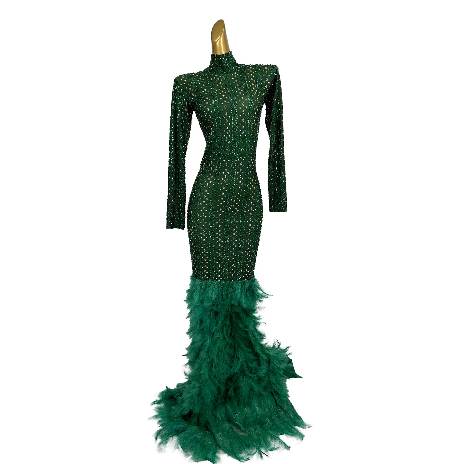 Autumn Retro Wedding Banquet Mom Dress Green Feather Splicing Floor length Long Dress Colorful Willow Nails Formal Evening Dress