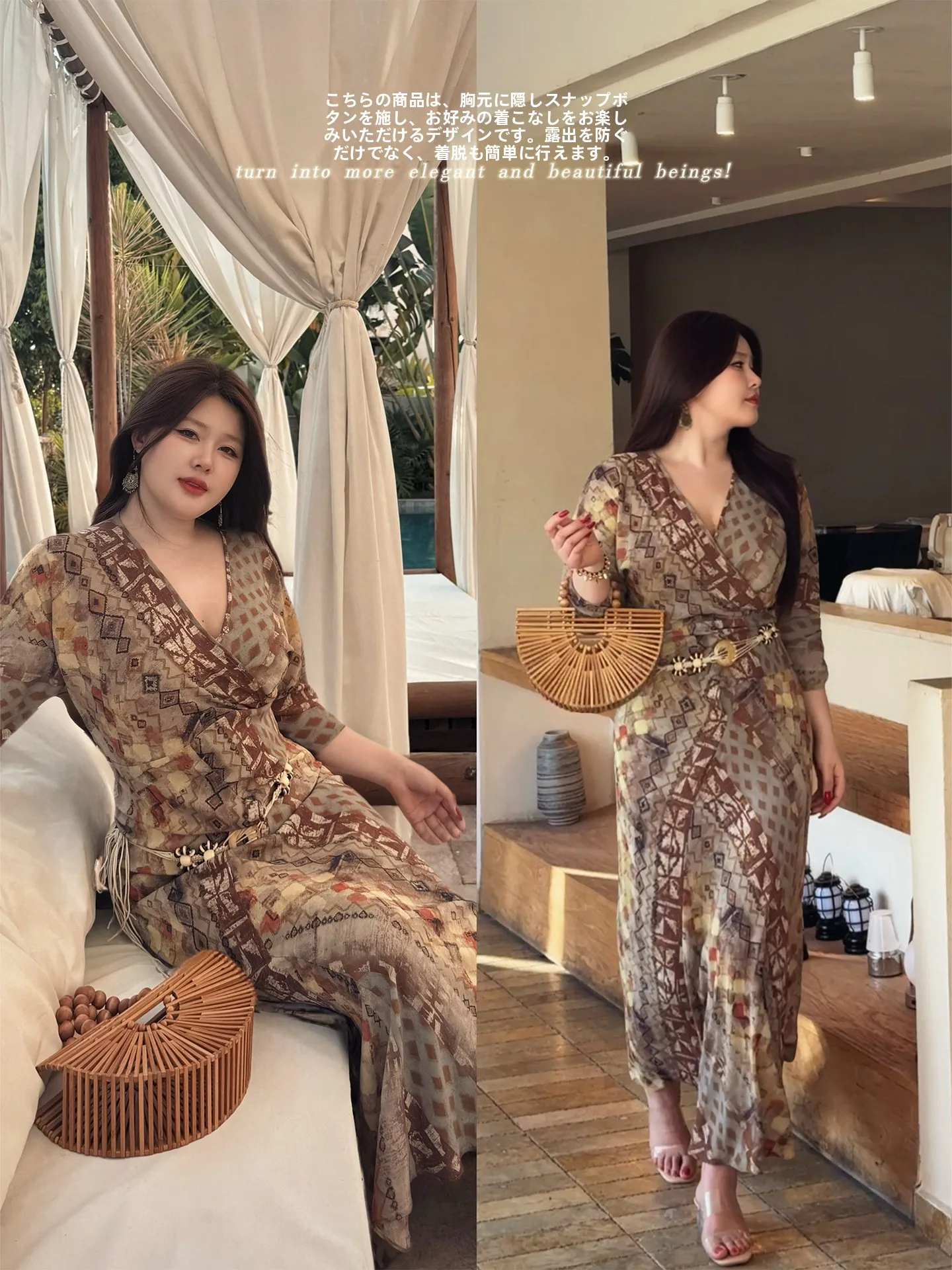 

Bohemian Style plus Size Floral Print Summer Dress Beach Vacation Casual High Waist A-Line Skirt Long Sleeve V-Neck Polyester...